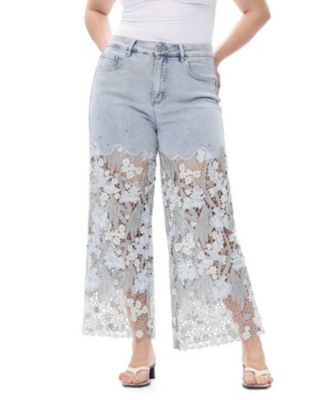  Plus Embroidery Wide Leg Lace Jeans with Rhinestone in Lesley Blue Wash