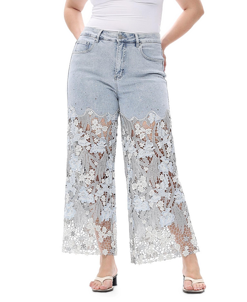 Bayeas Plus Embroidery Wide Leg Lace Jeans with Rhinestone in Lesley Blue Wash