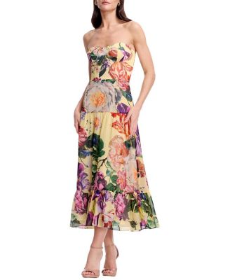  Prescott Strapless Sweetheart Floral Print Tiered Midi Dress
