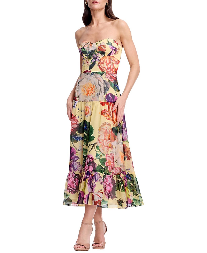 Dress the Population Prescott Strapless Sweetheart Floral Print Tiered Midi Dress