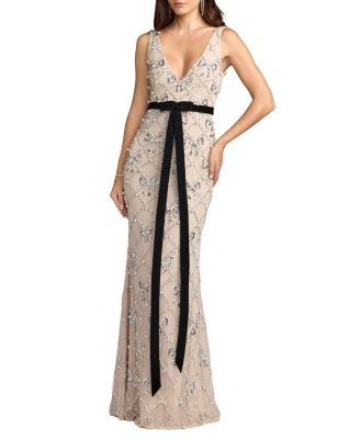  Beaded Bow Detail Sleeveless V-Neck Gown