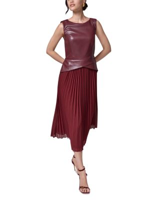 Sleeveless Faux Leather Bodice Pleated Skirt Midi Dress