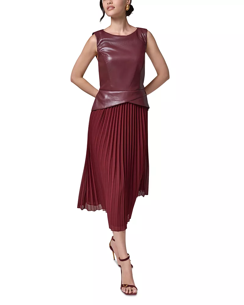 Donna Karan New York Sleeveless Faux Leather Bodice Pleated Skirt Midi Dress