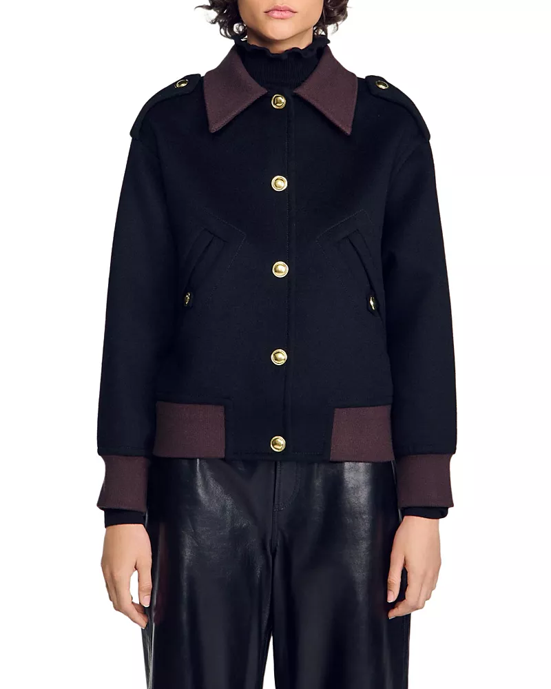 Sandro Preston Wool Contrast Trim Jacket