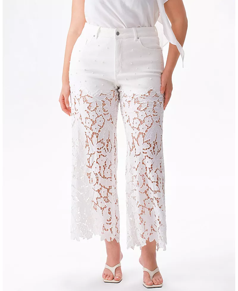 Bayeas Plus Embroidery Wide Leg Lace Denim Jeans with Pearl in Snowfeather