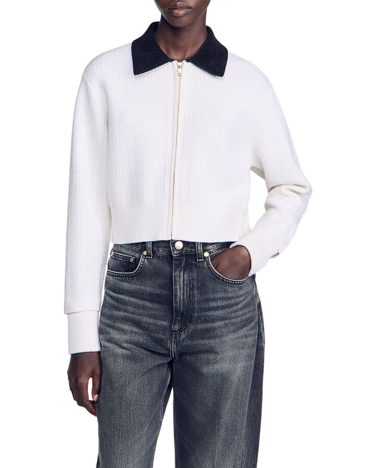 Sandro Maya Cable Knit Cropped Cardigan