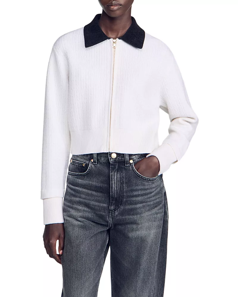 Sandro Maya Cable Knit Cropped Cardigan