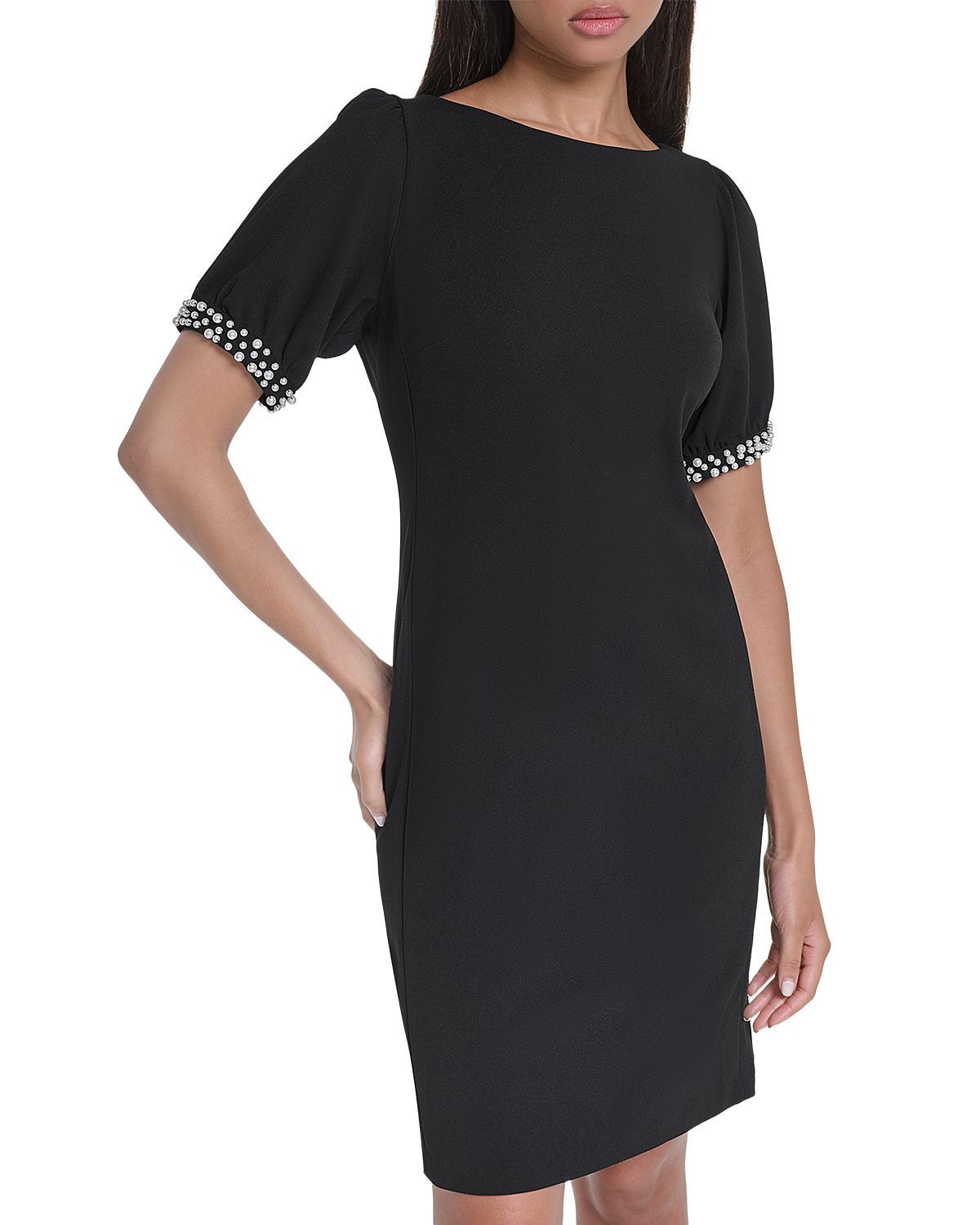 Karl Lagerfeld Paris Scuba Crepe Faux Pearl Trim Shift Dress