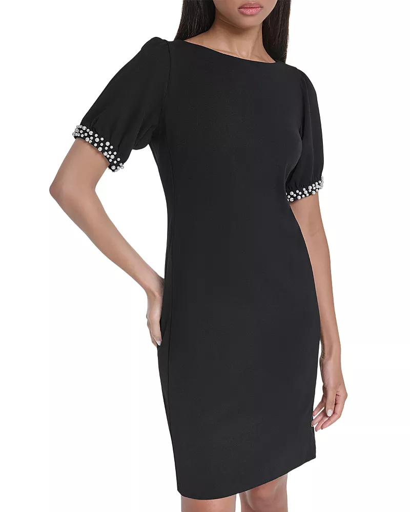 Karl Lagerfeld Paris Scuba Crepe Faux Pearl Trim Shift Dress