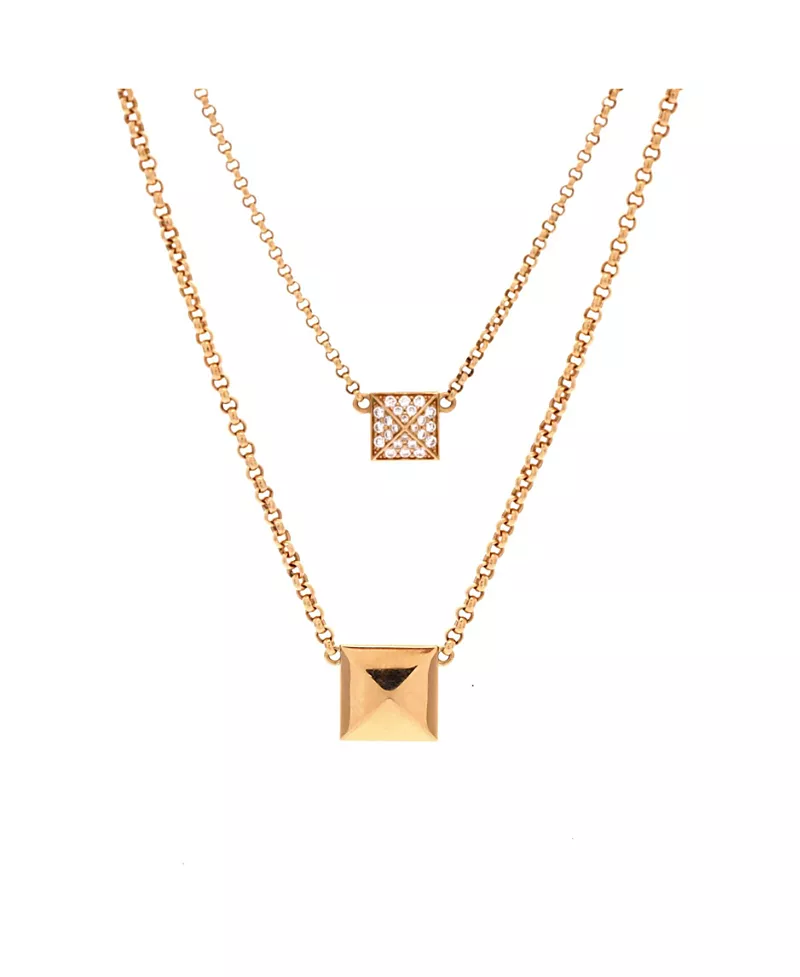 Pre-Owned HERMES Clou d'H Double Pendant Necklace 18K Rose Gold with Diamonds, 16.25