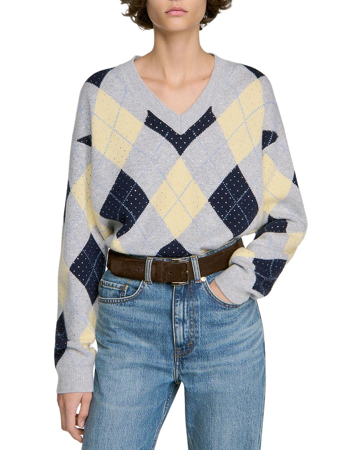 Sandro Jennie Wool Rhinestone Argyle Sweater