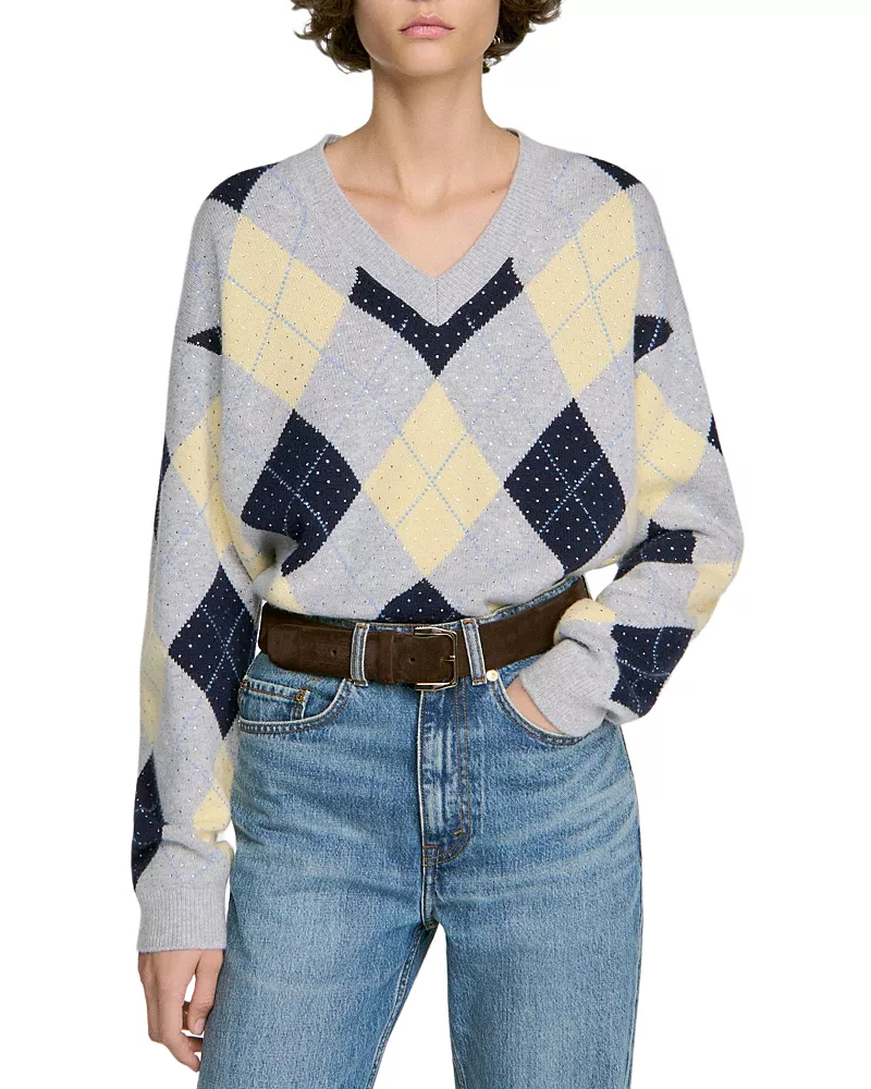 Sandro Jennie Wool Rhinestone Argyle Sweater