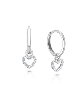 Girls' Sterling Silver Pave Heart Drop Classic Huggie Hoop Earrings - Baby, Little Kid, Big Kid