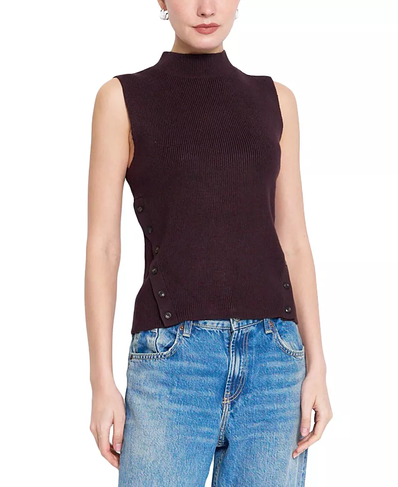 Central Park West Women's Birch Sleeveless Turtleneck Sweater with Button Detail