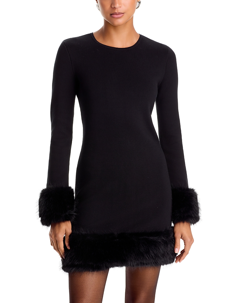 Aqua Faux Fur Trim Knit Mini Dress - Exclusive In Black