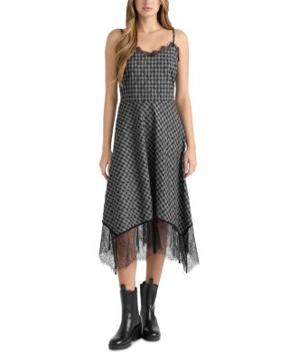 Plaid Lace Trim Handkerchief Midi Dress