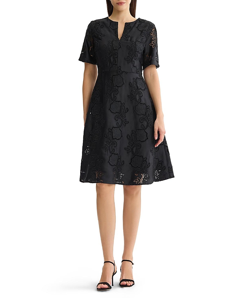 Misook A-Line Floral Eyelet Crepe de Chine Dress