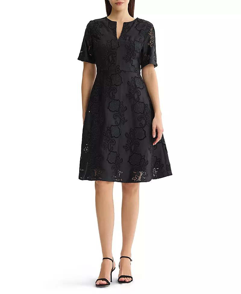 Misook A-Line Floral Eyelet Crepe de Chine Dress