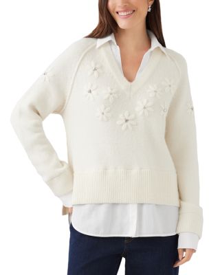 Rhinestone Embroidered Flower Layered Sweater