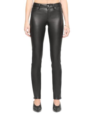 Leather Slim Fit Mid Rise Straight Leg Jeans in Black 