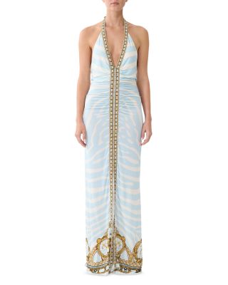 Ruched Front Plunge Halter Maxi Dress