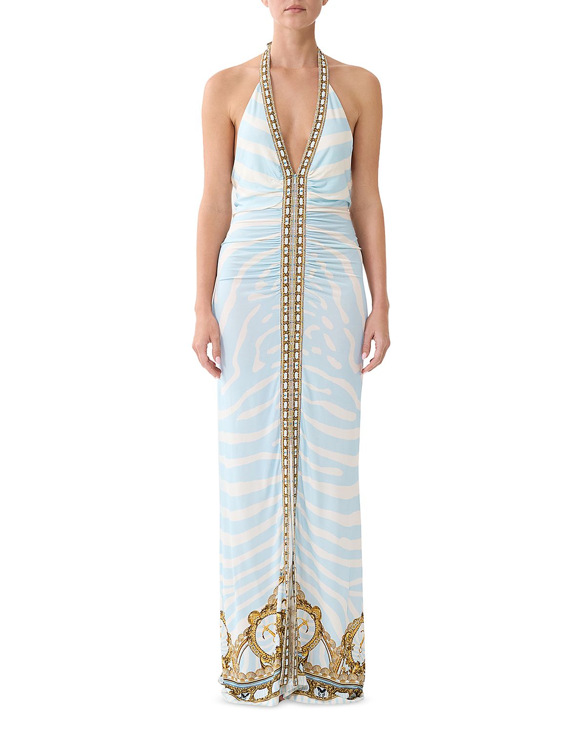 Camilla Ruched Front Plunge Halter Maxi Dress