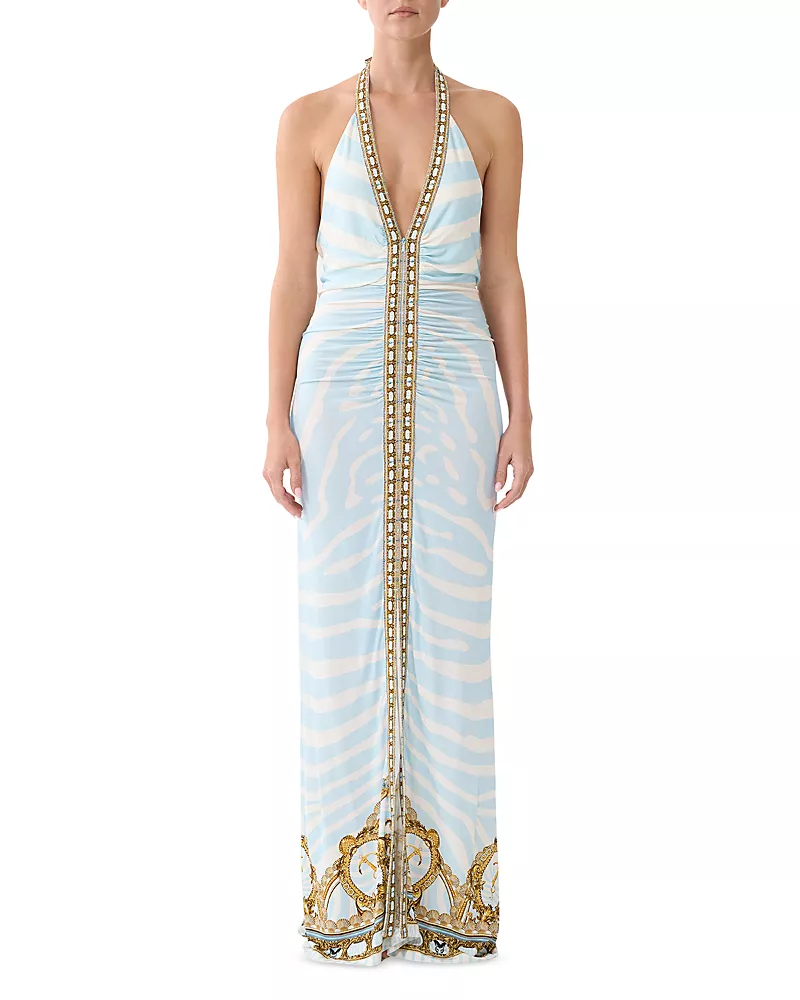 Camilla Ruched Front Plunge Halter Maxi Dress