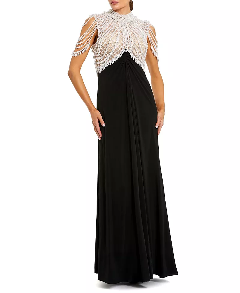 Mac Duggal Jersey Gown With Draped Pearl Beading
