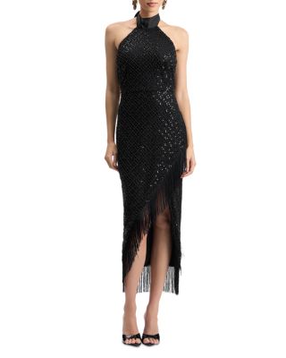 Embellished Fringe Hem Halter Midi Dress