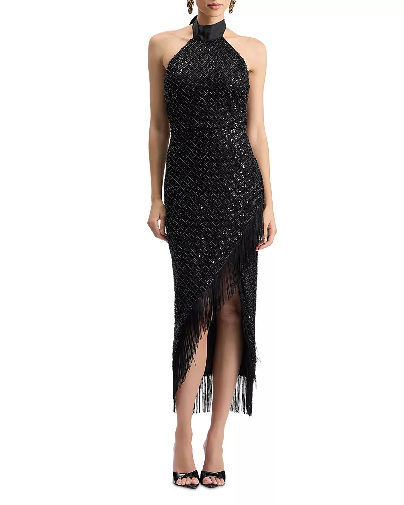 Avec Les Filles Embellished Fringe Hem Halter Midi Dress