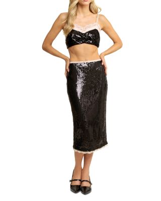 Sequined Chareuse Bra Top & Charm Midi Skirt