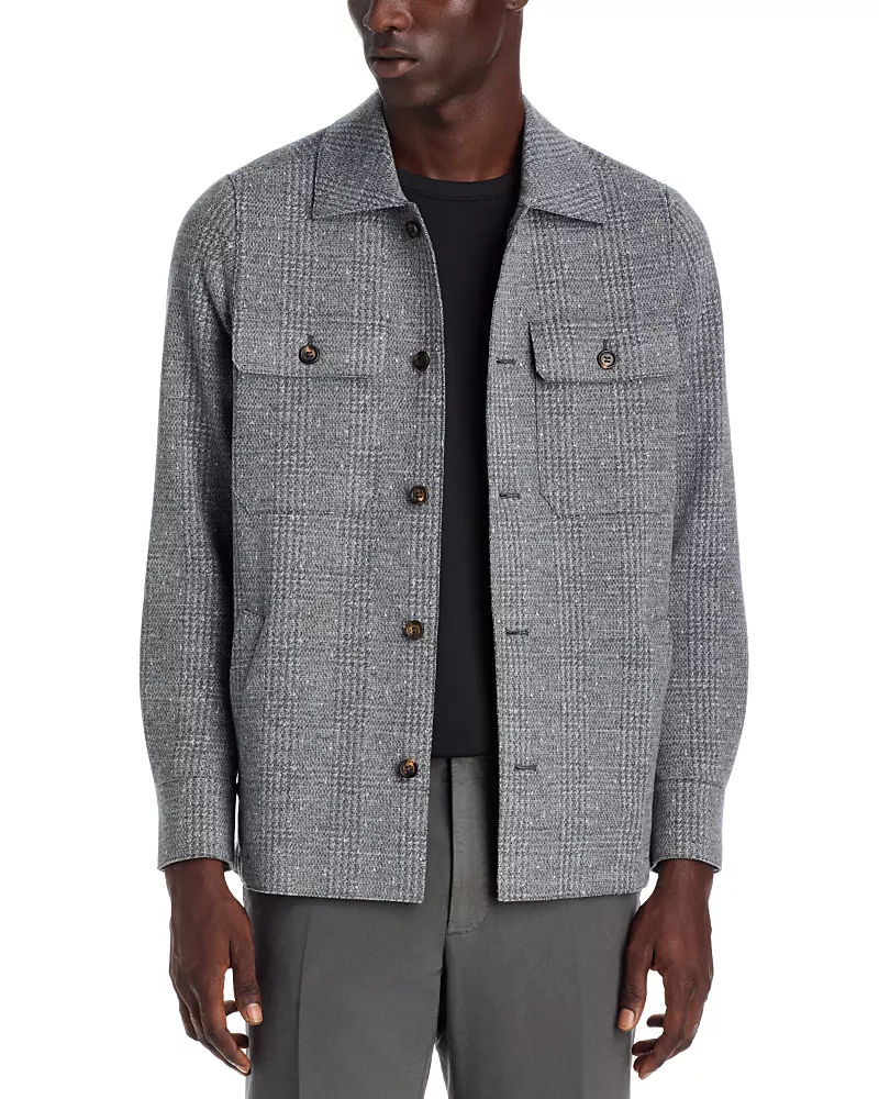 Eleventy Tonal Plaid Wool Jersey Overshirt