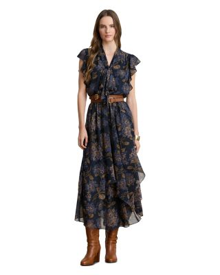 Petite Floral Crinkle Georgette Tie Neck Maxi Dress