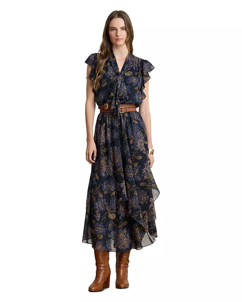 Lauren Ralph Lauren Petite Floral Crinkle Georgette Tie Neck Maxi Dress