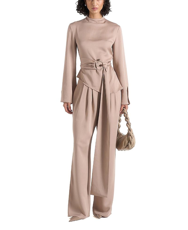Maniere De Voir Aurore High Neck Pleated Jumpsuit with Wrap Waist