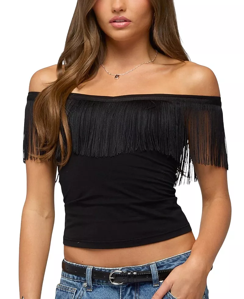 Edikted Catelina Fringe Off Shoulder Top