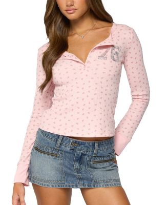  76 Rhinestone Floral Henley Top