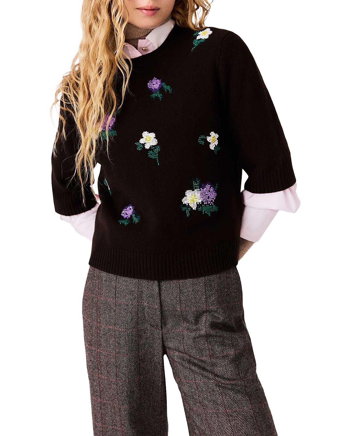 Maje Floral Embroidered Wool Blend Sweater
