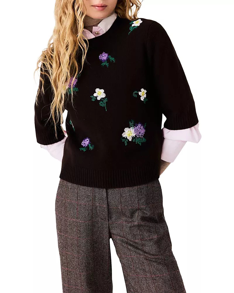 Maje Floral Embroidered Wool Blend Sweater