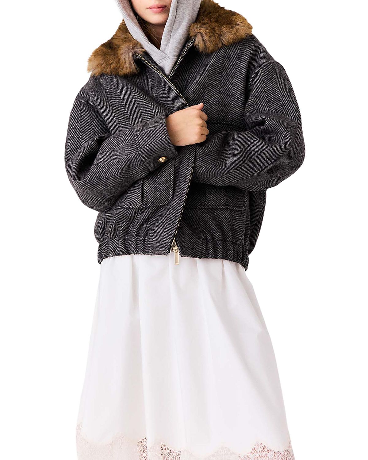 Maje Wool Blend Herringbone Faux Fur Trim Jacket