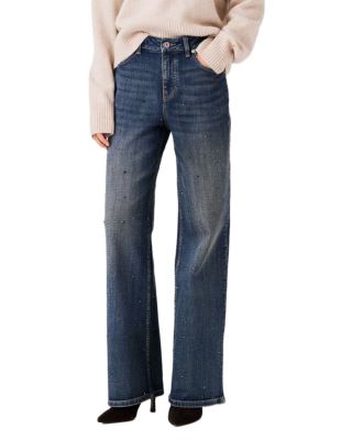 Rhinestone High Rise Wide Leg Jeans in Blue