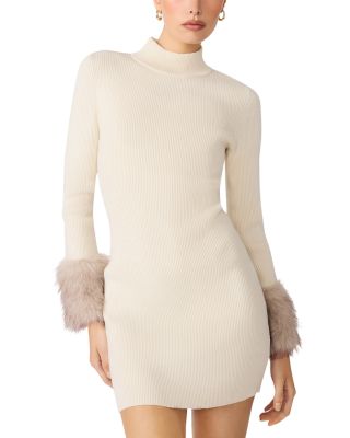 Riello Faux Fur Trim Rib Knit Mini Dress