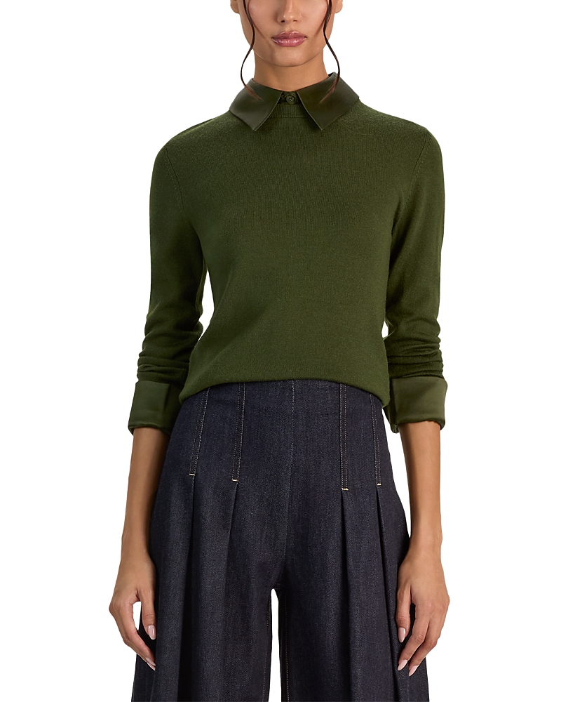 Alice + Olivia Alice And Olivia Porla Wool Stretch Collared Sweater In Dark Fern