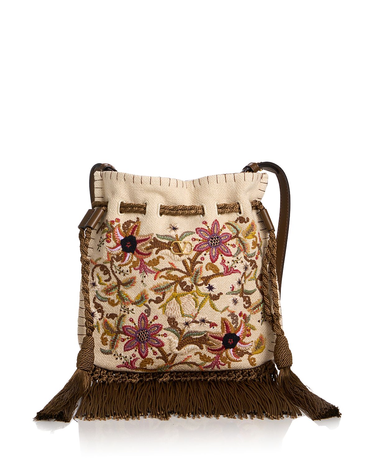 Valentino Garavani VLogo Embroidered Fringe Drawstring Shoulder Bag
