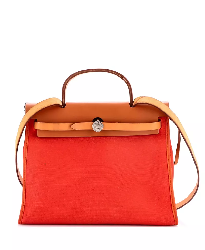 Pre-Owned HERMES Herbag Zip Convertible Leather & Canvas Shoulder Bag