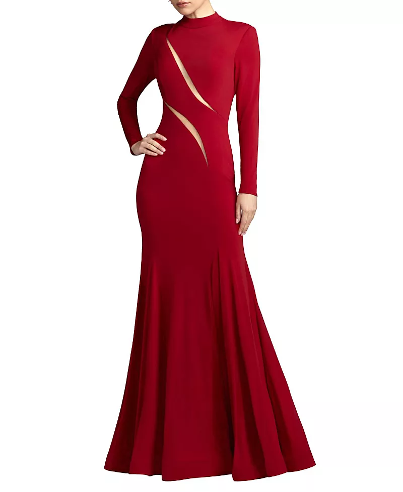 Mac Duggal Mock Neck Long Sleeve Cut Out Jersey Gown