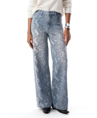 Snakeskin Print High Rise Wide Leg Denim Jeans Stretch Comfortable Wear in Shade