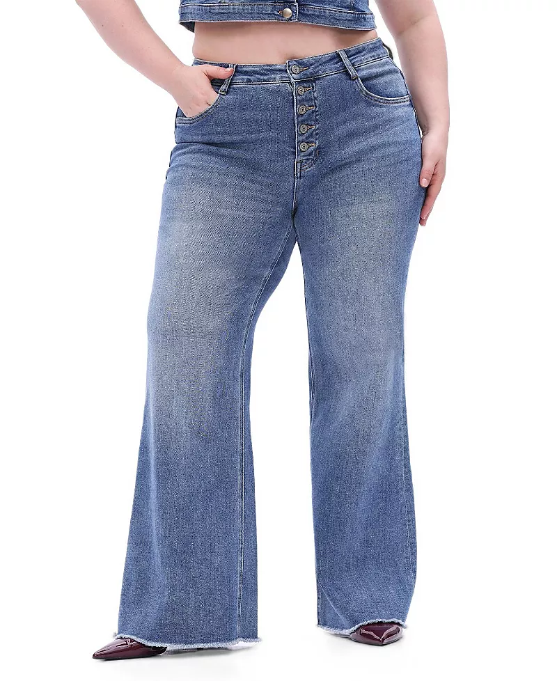 Bayeas Plus Mid Rise Wide Leg with Frayed Hem Denim Jeans in Bluelotus