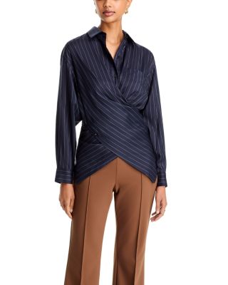 Pinstripe Silk Convertible Wrap Blouse