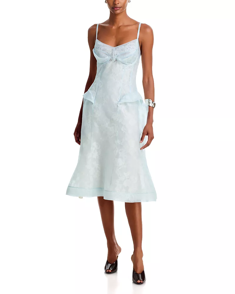 McQueen Silk Organza Lace Midi Dress in Glass Blue